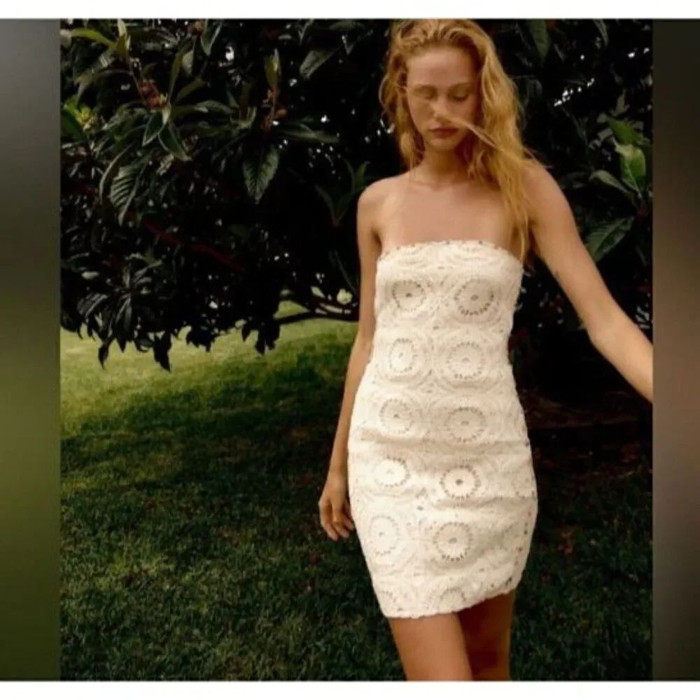 Zara Women Mini Dress S Ivory Crochet Strapless Multicolor trim 0881/342 NWT